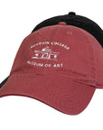 Red and black caps with 'Bowdoin College Museum of Art' logo on a white background