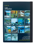 Collection of postcards featuring scenic views of Maine, arranged in a grid on a blue background.