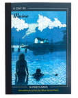 Book cover of 'A Day in Maine' with a illustration of people by a lake and text.