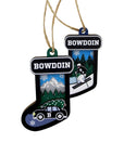 Stocking ornaments with car and skier.
