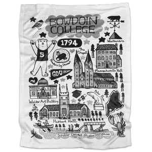 White plush baby blanket with whimsical illustrations in black and grey of a chickadee, BOWDOIN COLLEGE, the Bowdoin chapel, the Bowdoin log dessert, the Schiller Coastal Studies Center, the Walker Art Building, the Hyde Plaza polar bear statue, and Massachusetts Hall.