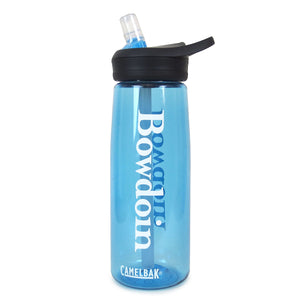 Clear sky blue Camelbak Eddy water bottle with black lid and clear bite valve. The BOWDOIN wordmark is imprinted in white down both sides.