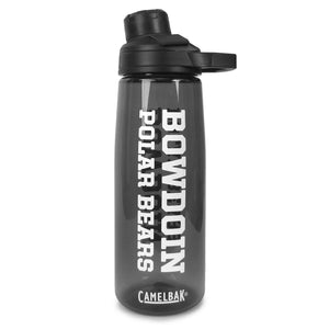 Charcoal Camelbak chute water bottle with sideways imprint of BOWDOIN POLAR BEARS in white.
