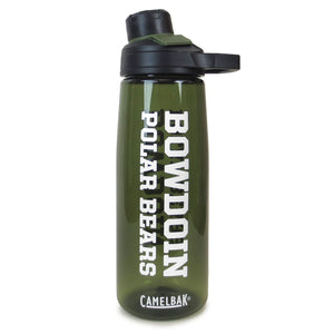 Hunter green Camelbak chute water bottle with sideways imprint of BOWDOIN POLAR BEARS in white.
