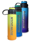 3 eco vessels, in yellow, turquoise, and purple.
