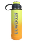 Yellow to orange ombre water bottle with rubberized screw-on lid.