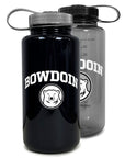 Black and smoke grey water bottles with 'Bowdoin' branding on a white background