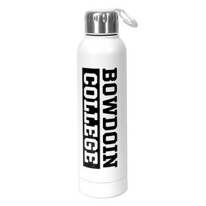 White water bottle with black vertical BOWDOIN COLLEGE imprint.