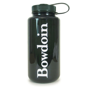 Dark green clear widemouth water bottle with dark green cap and white BOWDOIN wordmark imprint.