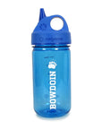 Blue water bottle with sip-top lid with white BOWDOIN and paw imprint.