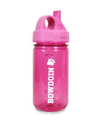 Pink water bottle with sip-top lid with white BOWDOIN and paw imprint.