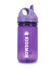 Purple water bottle with sip-top lid with white BOWDOIN and paw imprint.
