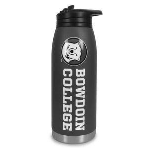HydraPeak water bottle in matte graphite gray with glossy imprint of mascot medallion sideways over vertically aligned BOWDOIN COLLEGE in white.