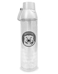 Tall clear double-walled water bottle with grey lid with carry handle and embroidered Bowdoin polar bear medallion patch.