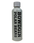 Light gray water bottle with black vertical imprint of BOWDOIN POLAR BEARS in athletic logotype.