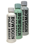Aluminum water bottles in beige, green, and grey.
