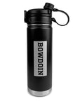 Matte black water bottle with black plastic lid and silver rectangle imprint with vertical BOWDOIN inside.