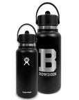 Two views of black Hydro Flask water bottle on a white background, one side with a Hydro Flask logo and the other with 'Bowdoin' branding.