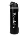 A black insulated water bottle with a gray flip-top lid and the brand name 'Bowdoin' printed vertically in silver on the front, set against a plain white background.