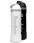 Two insulated water bottles on a white background, one white with gray accents and the word 'Bowdoin' printed vertically, and one black with gray accents and the same vertical text partially visible behind it.