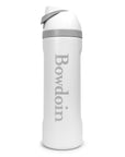 A white insulated water bottle with a gray lid and silver vertical text reading 'Bowdoin' on the front, shown on a plain white background.