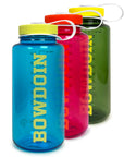 Three translucent Nalgene Bowdoin water bottles in blue, pink, and green, arranged in a row on a white background.