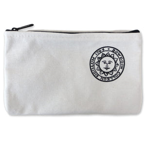 Natural color canvas zippered case with imprint of Bowdoin College seal in black on top left corner.