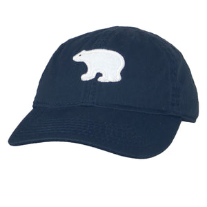Navy blue toddler-sized baseball hat with white felt polar bear applique.