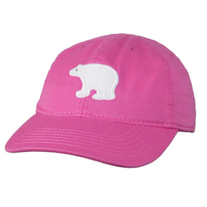 Hot pink toddler-sized baseball hat with white felt polar bear applique