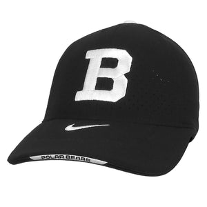 Black mesh ball cap with white button on top, white Bowdoin B embroidery on front of cap, white embroidered Nike Swoosh on top of bill, and small white POLAR BEARS patch on front of brim.