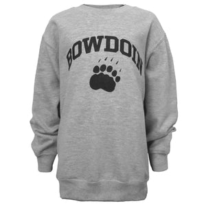 Heather grey children's crew with black chest imprint of BOWDOIN arched over paw print.