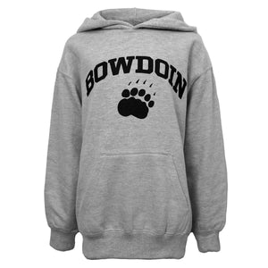 Heather grey children's hood with black chest imprint of BOWDOIN arched over paw print.