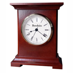 Burgundy finish wooden desk clock with white and brass dial, black Roman numerals, and BOWDOIN wordmark.