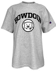 Heather grey children's short sleeved T-shirt with chest imprint of arched BOWDOIN in black with white stroke outline over black and white polar bear medallion.
