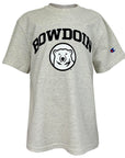 Oatmeal heather children's short sleeved T-shirt with chest imprint of arched BOWDOIN in black with white stroke outline over black and white polar bear medallion.