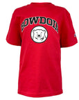 Red children's short sleeved T-shirt with chest imprint of arched BOWDOIN in black with white stroke outline over black and white polar bear medallion.