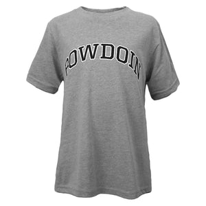 Children's heather grey tee with two-color arched BOWDOIN imprint on chest in black with white outline.