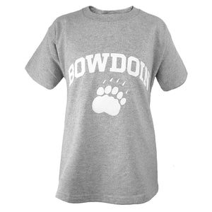 Oxford grey short-sleeved tee with white imprint of BOWDOIN arched over a paw print.