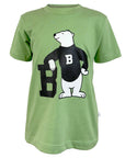 Light green children's T-shirt with large chest imprint of a cartoon polar bear wearing a black sweater and leaning on a black letter B.