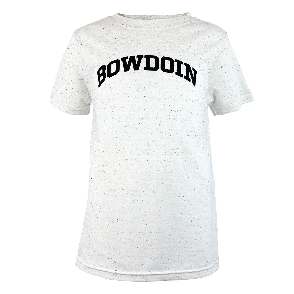 Kids white speckled t-shirt with 'BOWDOIN' printed on it against a white background