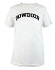 Kids white speckled t-shirt with 'BOWDOIN' printed on it against a white background