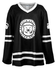 Black hockey jersey with white accents and a bear logo on a white background