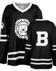 Black hockey jersey with white accents featuring a bear logo and letter 'B'.