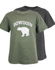 Two short-sleeve crewneck t-shirts shown on a white background, with an olive green shirt in front featuring a white 'BOWDOIN' text and bear graphic, and a dark gray shirt behind it.