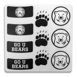Set of 10 stickers to put on skin. Three are polar bear medallions, three are paw prints, and then there are two of each in curved black to look like makeup under a football player's eyes. Those designs are a polar bear medallion, and the text GO U BEARS