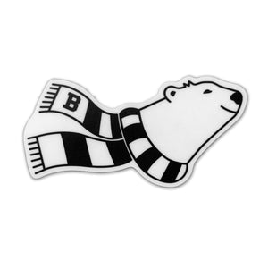 Sticker of head and neck of cartoon polar bear wearing a black and white striped scarf with a B on it.