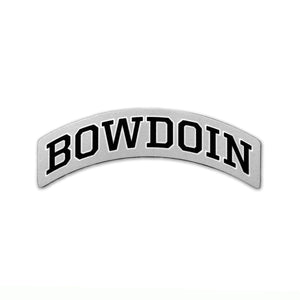 Grey arched sticker with curved BOWDOIN imprint in black with white outline.