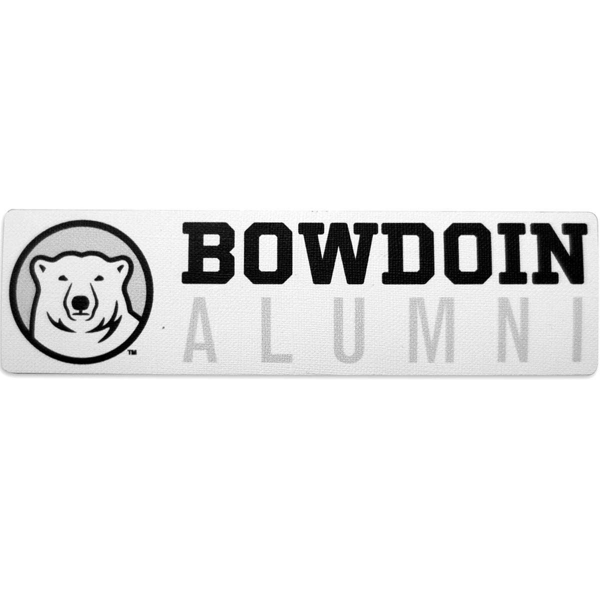 Rectangular white decal with black, white, and grey polar bear medallion next to BOWDOIN in black logotype over ALUMNI in grey sans-serif type.