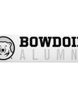 Rectangular white decal with black, white, and grey polar bear medallion next to BOWDOIN in black logotype over ALUMNI in grey sans-serif type.