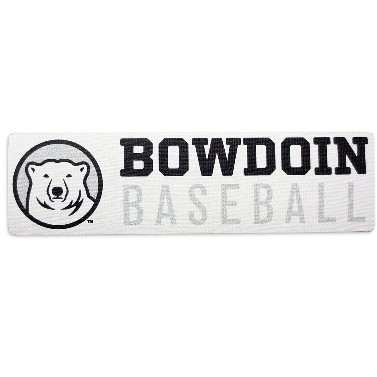 Rectangular white decal with black, white, and grey polar bear medallion next to BOWDOIN in black logotype over BASEBALL in grey sans-serif type.